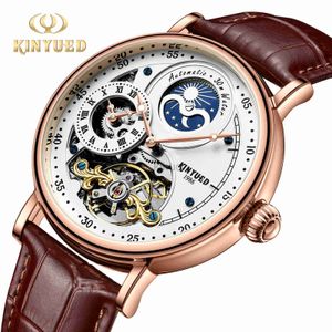 Armbanduhren Kinyued Herren Skeleton Automatische Mechanische Uhr Mondphase Zwei Zeit Mode Mann Armbanduhren Wasserdichte Lederarmband Uhr 24329