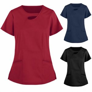 Mulheres V-Neck Pocket Nurse Uniform Beauty Scrubs Tops Spa Uniform Health Workers Working Scrub Tops T-Shirt Nurse gorro enfermera x7Gm #