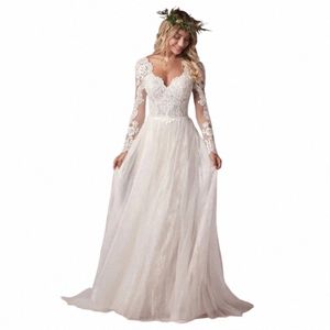 squisito abito da sposa in pizzo avorio Elegante abito da sposa con scollo a V e maniche lunghe per il matrimonio perfetto S4G2#