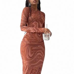 lg Sleeve Bodyc Dres Women Evening Party Clothes O-neck Mid Calf Sexy Vestidoes De Mujer One Piece Outfits Streetwear 759 15DV#