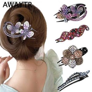 Hair Clips AWAYTR Fashion Girl Rhinestone Hair Claw Butterfly Barrettes Hairpin Retro Crystal Flower Hair Clips Duck Claw Wome Headwear Y240329