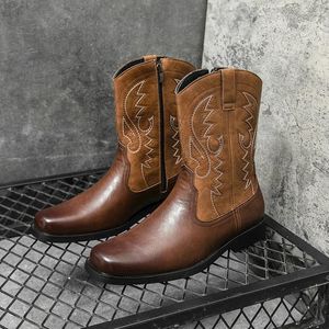 Sapatos de vestido masculino na moda bordado cowboy botas altas com zíper lateral confortável não slop casual para atividades ao ar livre