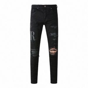 street Fi Men Jeans Black Stretch Skinny Fit Ripped Jeans Men Butts Fly Leather Patched Designer Hip Hop Brand Pants l6ya#