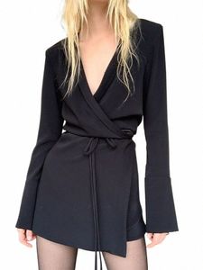 Julissa Mo Black Satin V-hals Skjorta Dr Women 2023 Spring Flare Sleeve Lace Up Mini Dres Elegant Ladies Party Vestidos X38T#