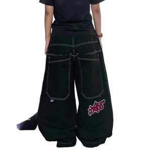 Streetwear New Harajuku Hip-Hop Retro Graphic Brodery Loose Jeans Y2K FI Casual Gothic High midje breda byxor Black Pants Q7H9#