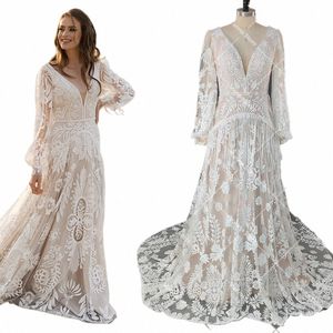 LG Puffy ärmar Allover Lace Boho elopement brudklänningar anpassade gjorde en linje V -hals Tassel Bohemian Beach Modest Wedding Dr R6pp#