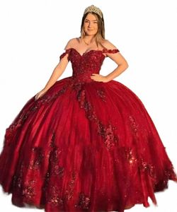 AngelsBridep Burdy Quinceanera Dres 15 Party Sexig off-shoulder Applique Lace Formal Princ Sweet 16 Födelsedagsklänningar R52M#