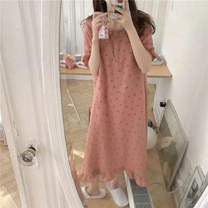 Kvinnors sömnkläder Cherry Print Nightgown Women Korean Ruffles Night Dress Summer One Piece Pyjamas Short Sleeve Mini Home Wear 2024