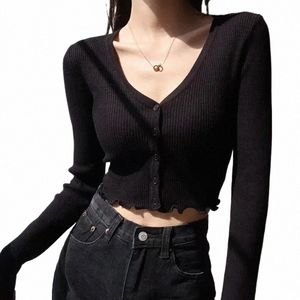 sexy Knitted Cardigan V Neck Naked Navel Crop Tops Chic Fungus Hem Shirt Women's Spring and Summer Korean Versatile Y2k Sweater c4w2#