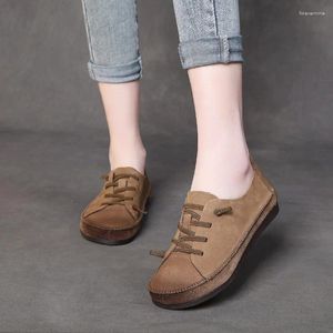 Casual Shoes Women Leather Flats Soft Loafers Coffee Mary Jane Retro Ballat Handmade Genuine Chinese 2024