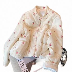Aprikos Floral Fr Kawaii Stand Collar Vintage Bumber Jackets For Women Winter Padded Cott Parkas Coat Korean Sweet Girls L7Q7#