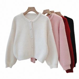 2024 Spring Autumn O-hals Pearl Butts Cardigan Women Casual Single-Breasted Soft Mink Veet Sticked tröja All-Match Sweater 21ks#