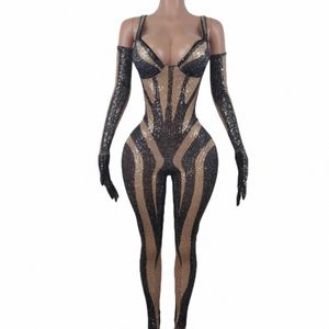 sexy Black Sequin Jumpsuit Gloves Woman Nightclub Slip Leotard Dance Costume Birthday Party Wear Pole Dance Drag Queen Clothes 247d#