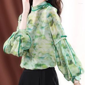 Kvinnors blusar 2024 Fashion Retro Chinese Silk Top National Trendy Printing Shirt Clothing Ladies Tops