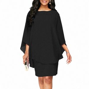 Kvinnor plus storlek ruffles batwing halva ärmar knälängd lös asymmetrisk dr kontor dam fast färg chiff wrap hip dr r02x#