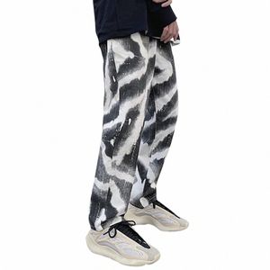 men's Fi Casual Trousers Print Denim Straight Leg Pants Drawstring Pocket Lg Jeans For Man n8uI#