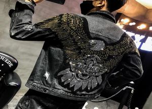 Men039s Kurtki 2021 Punk Style moda Eagle Hafted Patch Jean Jacket Men Denim Streetwear Slim Black9554291
