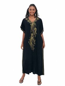 2024 New Summer Chic Embroidery Sexy V Neck Lounging Beach Wear Women Plus Size Robe Causal Batwing Sleeve Maxi Dres Q1584 m8WC#