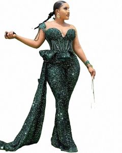 Glitter Hunter Green Sequins tulumlar balo DRES SHEER BENED PAKİTİ Lüks Afrikalı Kadınlar Resmi Akşam Elbise Vestidos De L6CR#