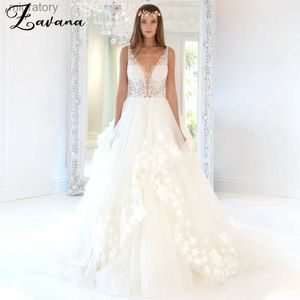 Vestidos sexy urbanos zavana modernos babados casamento 2024 apliques de renda 3d flores profundas v-nevk cintas de espaguete zíper vestido de baile personalizado yq240329