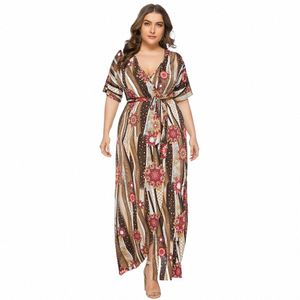 enyuever Plus Size Summer Dr Casual Clothes V Neck Asymmetrical Short Sleeve Lg Maxi Women Beach Party Bohemian Boho Dr I7bV#