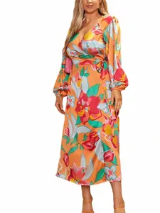 Plus Size Dr Casual e Fiable Lg maniche stampa floreale Slim Fit scollo a V Lg Dr Beach Style Robe da donna j3lV #