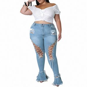 plus Size Streetwear Lace Up Sexy Ripped Skinny Black Flare Jeans 4XL Woman Club Party High Waisted Stretchy Denim Bell Bottom g8sg#