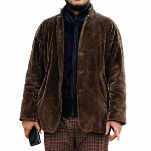 Mens Turtleneck Streetwear Jacket Vintage Retro Corduroy Jacket Coat Autumn Butt Loose Bomber Jackor Pockets Cott W8km#