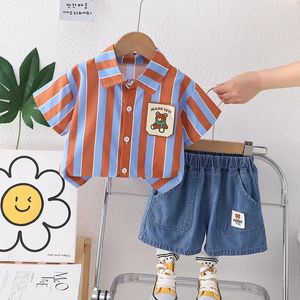 Clothing Sets 2024 Summer Kids Baby Boys Striped Suits Cartoon Bear Lapel Shirt Shorts 2Pcs/Set Infant Casual Outfit Children Birthday