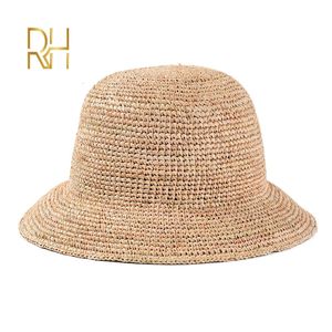 Handgjorda damer virka naturliga raffia halm hink hatt för vårens sommarstrand floppy fiskare kepsar 240320
