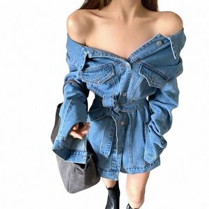 Vintage fora do ombro denim jaqueta feminina cintura coreana rendas até cardigan topos mulher alta rua único breasted azul jean casacos 58bA #