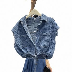 Drawstring Waistcoat Jean Jacket Jaqueta Feminina Kort ärm denimrock Chaqueta Mujer Women Crop Shirt Korean Topps Y2K Vest P4ci#