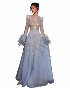 Lovestory Crew Neck Prom Dres Shinny Speecins sexy see Lg Sleeves Cocktail Party Invined Dr With Feathers Celebrity Gowns H2NO＃