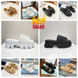 New Luxury Designer Sandal Woman Crochet Slides Black Platform Wedges Straw Flatform Slipper Summer Flat Comfort Mule Beach Pool Two Straps