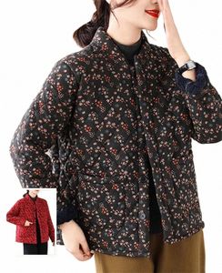 Medelålders äldre mors Cott Jacket Retro Floral Plush Thicked Short Overdimensionerade kvinnors fickor Stand Collar Coat Z4346 P6OI#