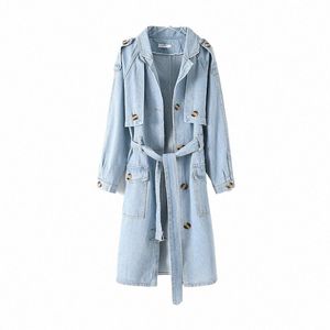 Blue LG Denim Trench Coat med Belt Women's Single Breasted Style Turn-Down Collar Denim Jacket Spring Autumn Winter New T6VP#