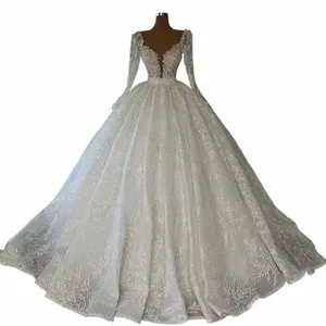 Luxur Princ Ball Gown V Neck Wedding Dres 2023 Spets Applique LG Sleeve Sequin Arabiska Dubai Women Formal Bride Gowns C4GQ#