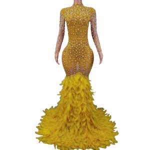 giallo Rhineste Feather Lg Train Dr Matrimonio Compleanno Celebrare Outfit Donna Serata Festa Servizio fotografico Dr Liantiyumao W48Q #