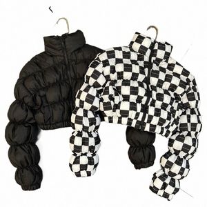 Kusahiki 2023 New Stand Neck Winter Coat Women Korean Zipper Folds Puff Sleeve Short Plaid Parkas fi Jacket 6n891 87t1＃