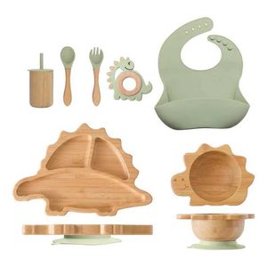 Tazze Piatti Utensili Bambù Dinosauro in legno Piatto da pranzo Stoviglie per bambini Strumento Set da tavola per bambini Set di stoviglie per neonati in silicone senza BPA 240329