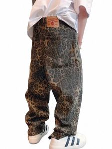 Houzhou Tan Leopard Jeans Мужские джинсовые брюки Мужские широкие брюки большого размера Уличная одежда Хип-хоп Винтажная одежда Свободная повседневная одежда u56V #