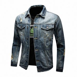 Frühling und Herbst neue Herren Jeansjacke Trend Fi Loch Baseballjacke High Street Fi Streetwear Herrenbekleidung d2zx #