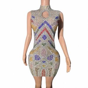 Sexy Luxo Sparkly Colorido Diamds Backl Mini Dr Evening Party Nightclub Performance Costume Singer Dancer Stage Wear 17YO #