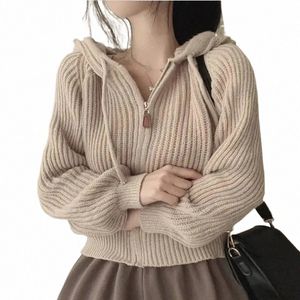 women Lg Sleeve Sweater Korean Style Casual Outerwear Woman Fi Chic Zip Up Cardigan Knit Top Female Hooded Jumper y0mH#