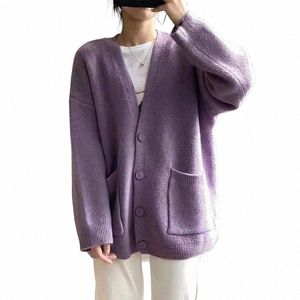 Женский фиолетовый толстый карманный кардиган большого размера Lg Вязаный свитер Куртка-кардиган Желтый кардиган Harajuku с v-образным вырезом Осень-Зима 2021 b7yE#