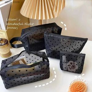 Annan hemlagringsorganisation Black Love Heart Mesh Cosmetic Bag Transparent Make Up Bag Travel Storage Bag Simple Portable Wash Bag Y240329