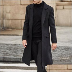 Men'S Wool & Blends Mens Fashion Single Breasted Long Coat Men Thicken British Style Solid Color Fashionable Warm Woolen Overcoat 3 Dr Dhtb2