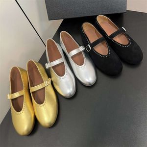 High Definition Ala New Handmade Rivet Super Soft Mortile Exquisite Mary Jane Single Shoes Women's äkta läderballetlägenheter