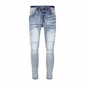 High Street Fi Jeans da uomo Retro Light Blue Stretch Skinny Fit Jeans strappati Uomo Painted Designer Hip Hop Pantaloni di marca Hombre g1GC #