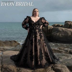 Городские сексуальные платья EVON BRIDAL Современные черные свадебные платья с пышными рукавами и аппликацией для невесты из тюля трапециевидной формы на шнуровке плюс размер Vestidos de Novia yq240329